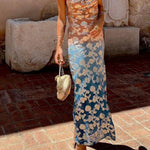 Tie Dye Ombre Gold Floral Print Sexy Strappy Maxi Dress