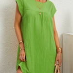 Cap Sleeve Loose Pleated Solid Color Round-Neck Mini Dresses