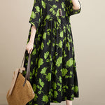 Loose Floral Pleated Round-Neck Midi Dresses