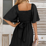 V-neck solid color waist ruffled summer dress
