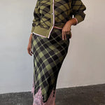 Holiday Plaid Knit Color-blocked Trim Button Long-sleeved Loose Cardigan