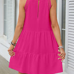 A-Line Loose Hollow Pleated Solid Color Split-Joint Round-Neck Mini Dresses
