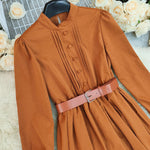 A-Line Elasticated Waist Belted Buttoned Contrast Color Pleated Split-Joint Stand Collar Maxi Dresses Shirt Dress