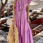 Linen Blend Solid Color Oblique Collar Ruffle Waist Tie Maxi Dress