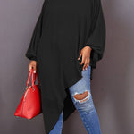 Loose See-Through Long Sleeves Asymmetric Solid Color High-Neck T-Shirts Tops