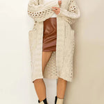 Knit Cable Cotout Long Sleeve Pocket Oversized Midi Cardigan