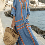 Striped Print V-Neck Casual Loose Pocket Maxi Dress