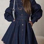 A-Line Long Sleeves Buttoned Pleated Split-Joint Tied Waist Mock Neck Mini Dresses