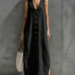 Women's Elegant Black V-neck Cotton And Linen Blend Sleeveless Maxi Dress