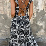 Elegant Hollow Tie Feather Print Ruffle Sleeve Maxi Dress