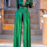 High Waisted Three-Quarter Sleeves Shiny Solid Color Deep V-Neck Jumpsuits Bottoms