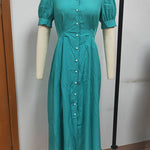 Puff Sleeves Short Sleeves Buttoned Solid Color Round-Neck Midi Dresses Shirt Dress