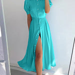 Puff Sleeves Short Sleeves Buttoned Solid Color Round-Neck Midi Dresses Shirt Dress