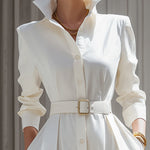 Elegant Shirt Dress With Belted Waist And High Collar