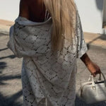 Holiday Crochet Flowers Lace Short Sleeve Shirt and Elastic Waist Wide Leg Pants Set