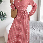 A-Line High Waisted Elasticity Pleated Polka-Dot Split-Joint Tied Waist V-Neck Midi Dresses Shirt Dress