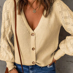V Neck Long Sleeve Button Down Ribbed Sweatshirts Cardigan