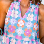 Sky Blue 60s Flower Split Neck Sleeveless Tiered Maxi Dress