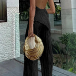 Charm and Charisma Texture Fabric Halter Neck Backless Tank and Elastic Waist Wide Leg Pants Suit
