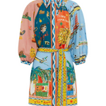 Linen Blend Unique Print Balloon Sleeve Belted Pocket Shirt Mini Dress
