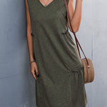 A-line Loose Pleated Solid Color Split-Joint V-neck Midi Dresses