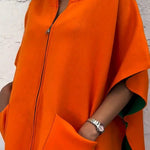 Solid Color Stand Collar Zipper Pocket Loose Shawl Jacket