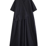 Loose Short Sleeves Pleated Solid Color Split-Joint V-Neck Midi Dresses
