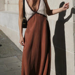 Loose Sleeveless Contrast Color Split-Joint Deep V-Neck Maxi Dresses
