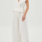 Velena Linen Blend Button Up Lapel Top and High Rise Pocket Wide Leg Pants Set