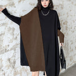 Batwing Sleeves Hipster Asymmetric Contrast Color Split-Joint High-Neck Midi Dresses Sweater Dresses