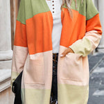 Contrasting rainbow paneled striped long cardigan sweater with pockets