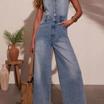 Washed Blue V-Neck Button Front Sleeveless Wide Leg Denim Jumpsuit