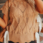 Light French Beige Hollowed Knit Scalloped Trim High Neck Sweater