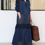 Long Sleeves Loose Plaid Pockets Lapel Maxi Dresses Shirt Dress