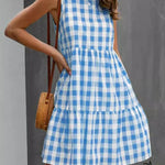 Loose Sleeveless Hollow Plaid Pleated Split-Joint Round-Neck Mini Dresses