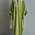 Women's Linen Blend Henley Neck Embroidered Batwing Sleeve Kaftan Maxi Dress