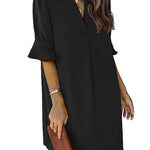 A-Line Flared Sleeves Pleated Ruffled Solid Color Split-Joint V-Neck Mini Dresses