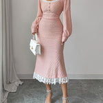 Bodycon High Waisted Lacy Pleated Solid Color Split-Joint Zipper Square-Neck Midi Dresses