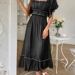 A-Line High Waisted Pleated Ruffle Trim Split-Joint Zipper Square-Neck Midi Dresses