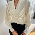 Long Sleeves Solid Color Zipper V-neck Blouses&shirts Tops