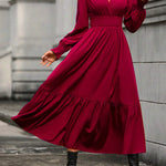 A-Line Flared Sleeves Elasticity Pleated Solid Color V-Neck Midi Dresses