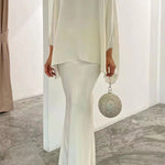 Batwing Sleeves Pearl Solid Color Round-Neck Shirts&Skirts Suits