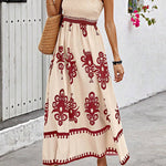 A-Line Loose Elasticity Pleated Printed Split-Joint Square-Neck Maxi Dresses