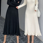 Long Sleeves Loose Ruffled Solid Color Round-Neck Midi Dresses Sweater Dresses