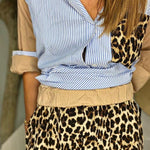 Solid Color Hollow Lace Lapel Short-sleeved Top and Elastic Waist Loose Pocket Pants Set