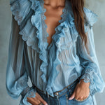 Retro Sky Blue  Lace Trim Pleated Chiffon Ruffle Blouse