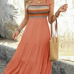 A-Line High Waisted Contrast Color Jacquard Pleated Split-Joint Adjustable Straps Midi Dresses