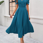 A-Line High Waisted Pleated Solid Color Zipper V-Neck Maxi Dresses