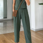 Casual Solid Lapel Vest & Pants Cotton Linen Two-piece Set