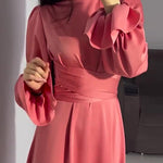A-Line Long Sleeves Pleated Solid Color Tied Waist Zipper Mock Neck Maxi Dresses